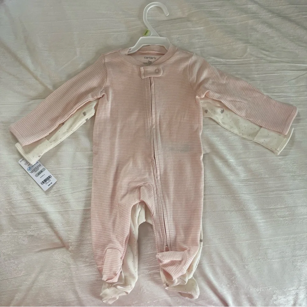 2 Carters baby girls onesies 3 months footies zip sleeper PJ NEW with tags pink